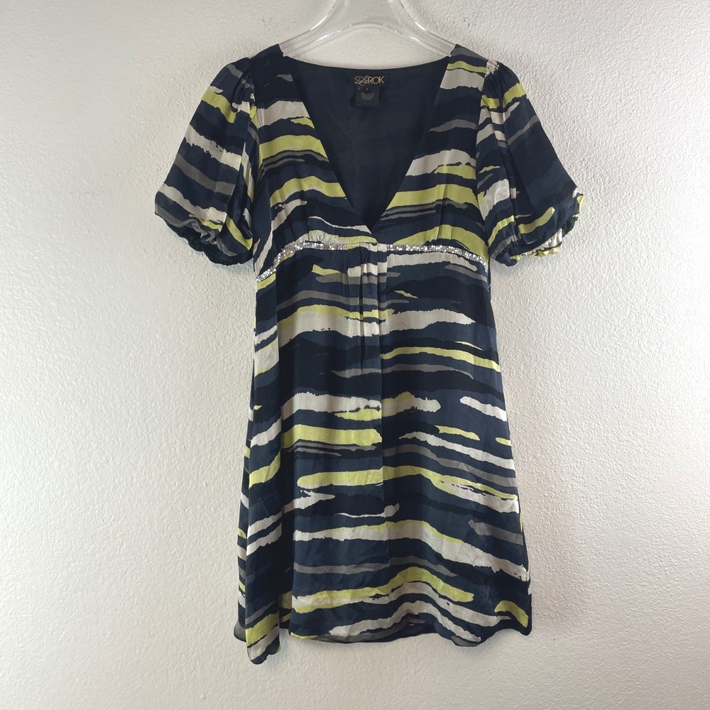 LaROK Silk Abstract Stripe Mini Dress Size S Yellow Black Indie Sleaze Y2K Boho